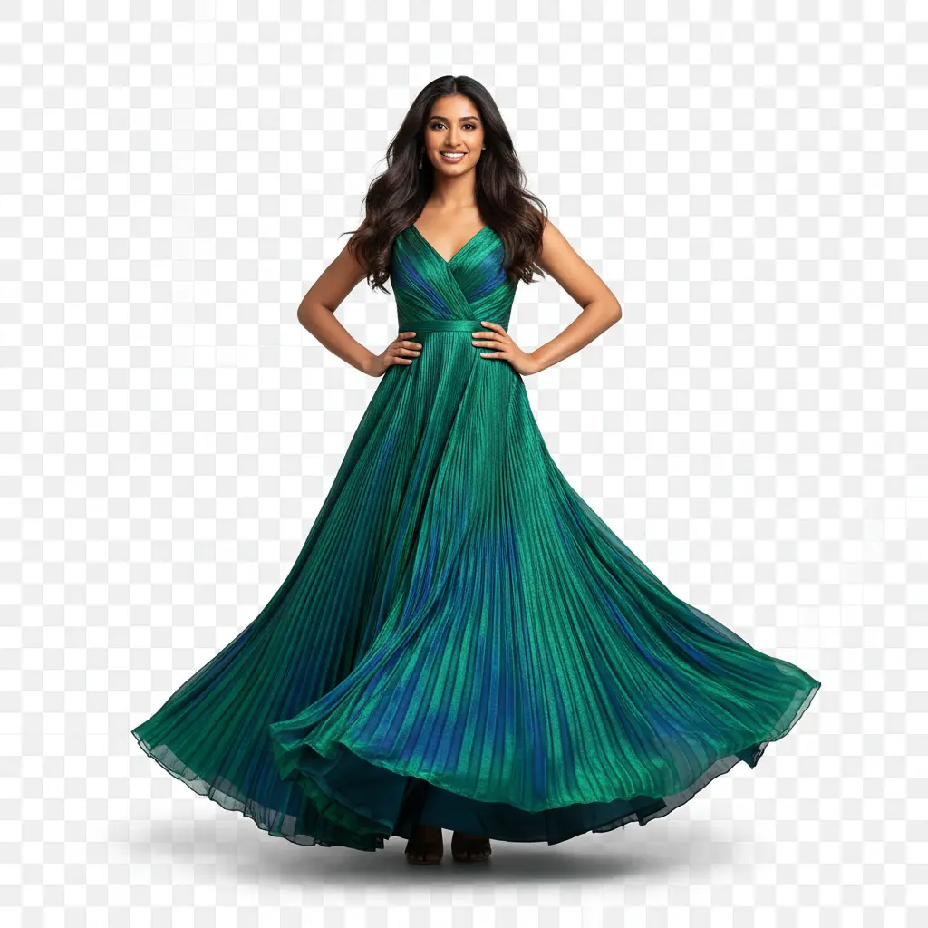 Background Removal Service 3 A full-body shot of a model in a dress with a skillfully removed background, leaving a transparent canvas.