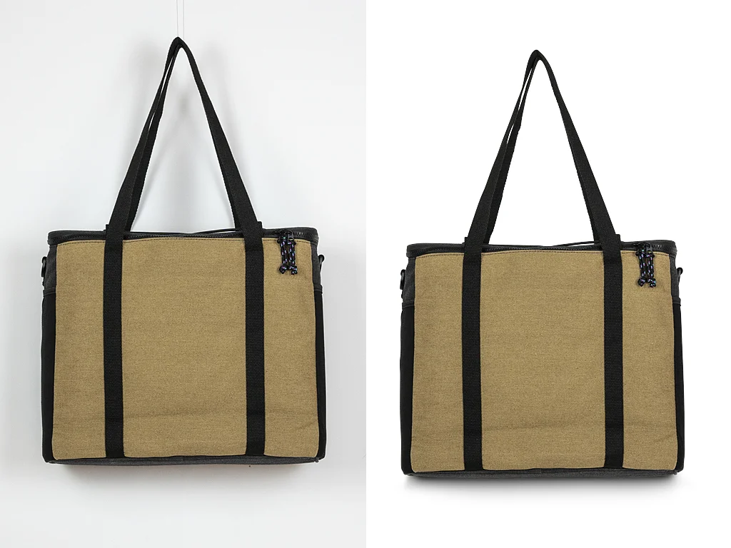 E-commerce Image Editing Services 7 Before and after of a tote bag with professional e-commerce image editing services by Clarity Edit