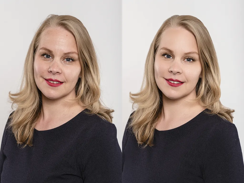 Services 1 Before and after comparison of a portrait, showing refined skin and enhanced features.