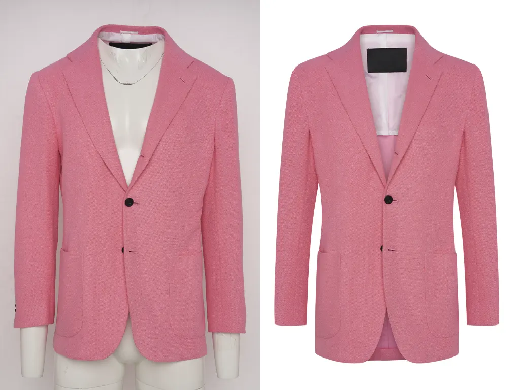 Before and after of pink blazer edited with ghost mannequin technique by Clarity Edit