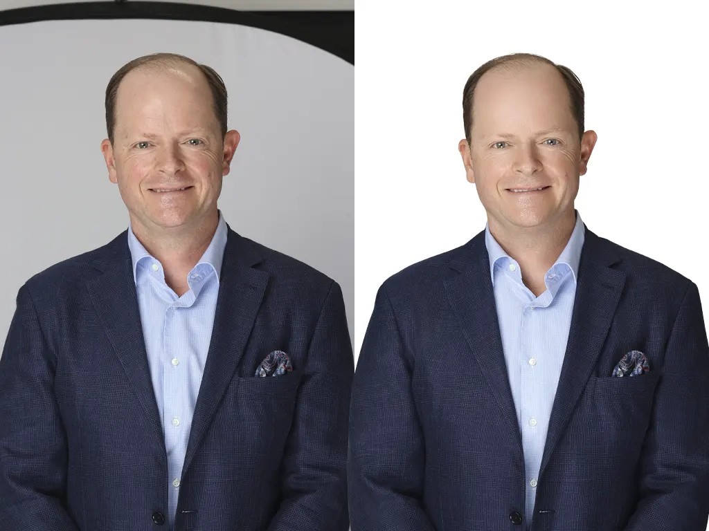 Before and after comparison of a business headshot, showing subtle yet effective skin and hair retouching.