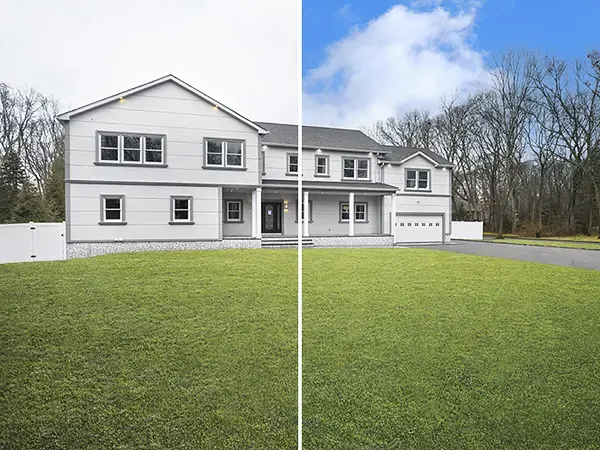 Before-and-after sky replacement on a house exterior, from cloudy to blue.