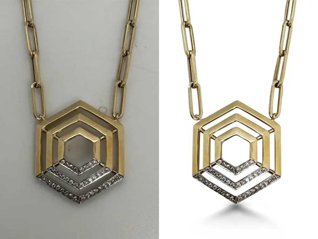 Before and after of a gold necklace with background removed by Clarity Edit