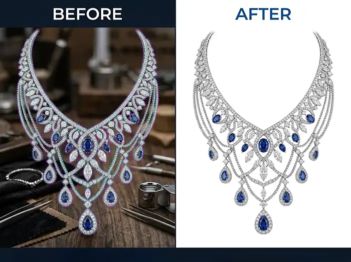What Is Clipping Path in Photo Editing — And Why It Matters More Than You Think 4 Before and after complex jewellery clipping path in photo editing