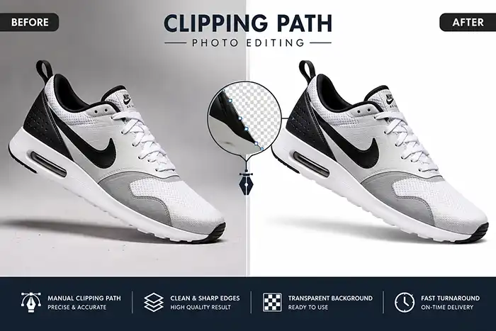 Before and after clipping path photo editing on a shoe product image for ecommerce background removal
