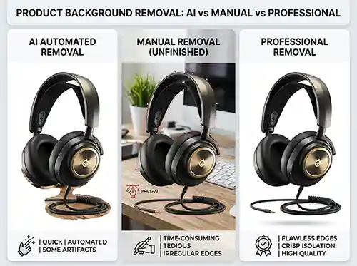 Ecommerce Product Background Removal: A Practical Guide for Online Sellers 2 Comparison of AI background removal, Photoshop editing, and professional services