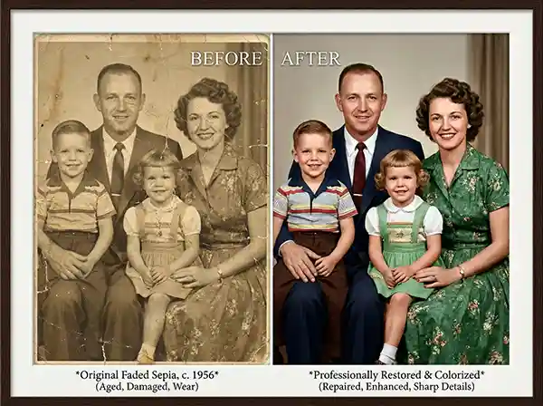 Restore Old Photos: The Complete DIY and Professional Guide 2 Old photo restoration before and after comparison showing a cracked, faded 1950s family portrait professionally restored with natural colors, sharp details, and damage removal