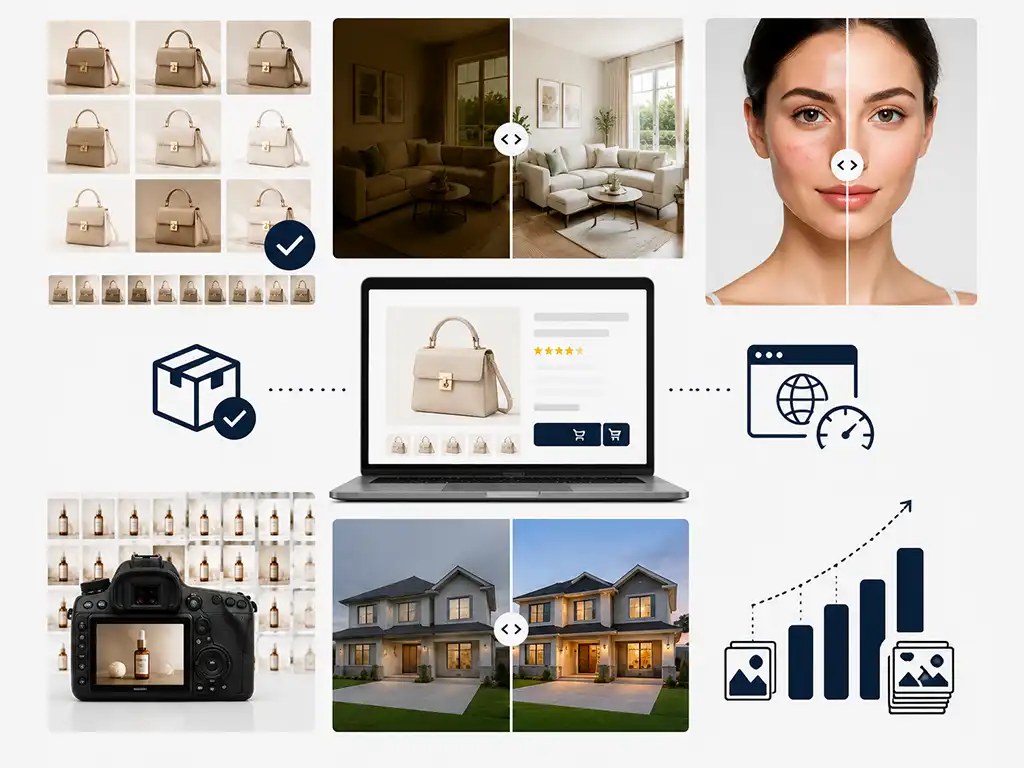 Basic Image Adjustments 11 Collage showing the benefits of basic image adjustments including consistent color across images, improved editing foundation, accurate product representation, faster publishing workflow, and scalable high-volume image processing.