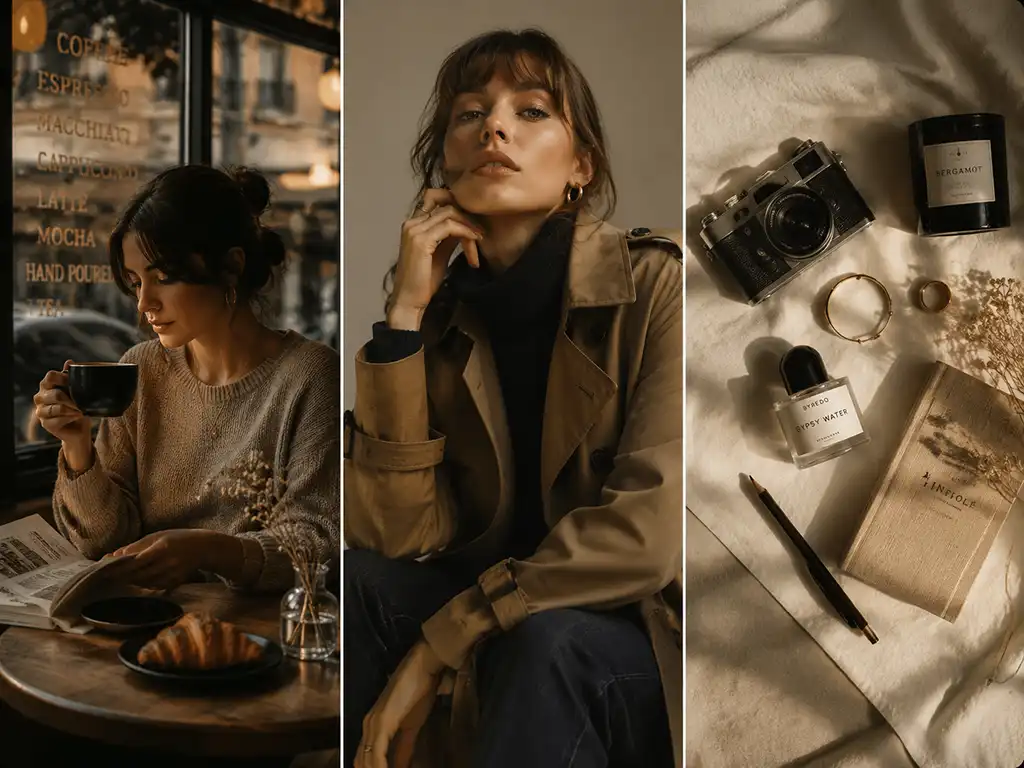 Three editorial photos with a consistent cinematic color grade applied across the series for a cohesive brand look.