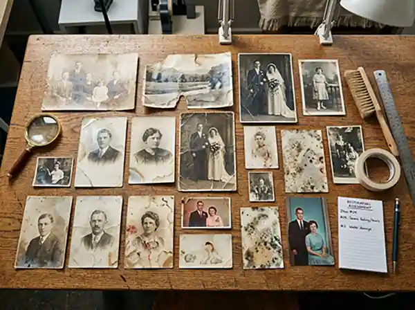 Restore Old Photos: The Complete DIY and Professional Guide 2 Collection of damaged vintage photographs on a wooden table showing fading, water damage, scratches, tears, stains, creases, dust spots, and discoloration, illustrating a professional photo restoration assessment.