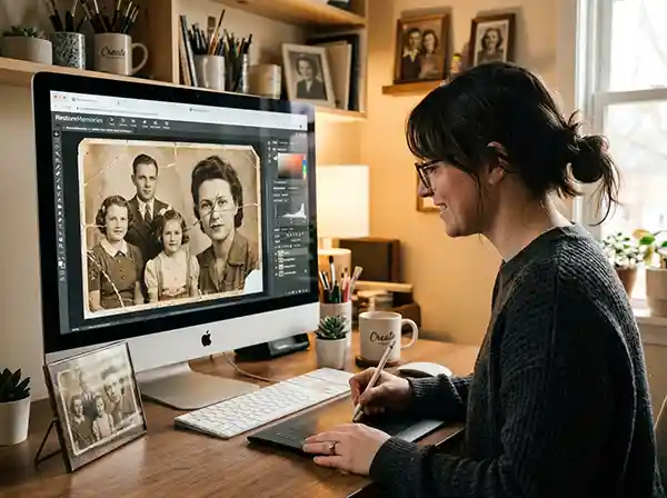 Restore Old Photos: The Complete DIY and Professional Guide 4 Designer restoring an old family photograph using an online photo restoration tool