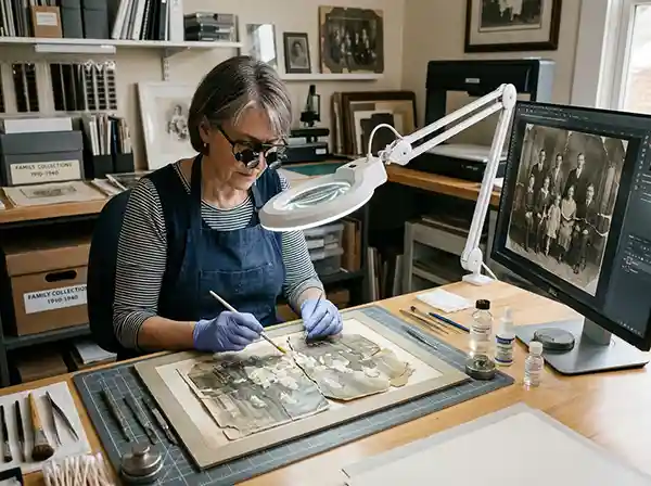 Restore Old Photos: The Complete DIY and Professional Guide 5 Photo restoration specialist carefully repairing a severely damaged old photograph