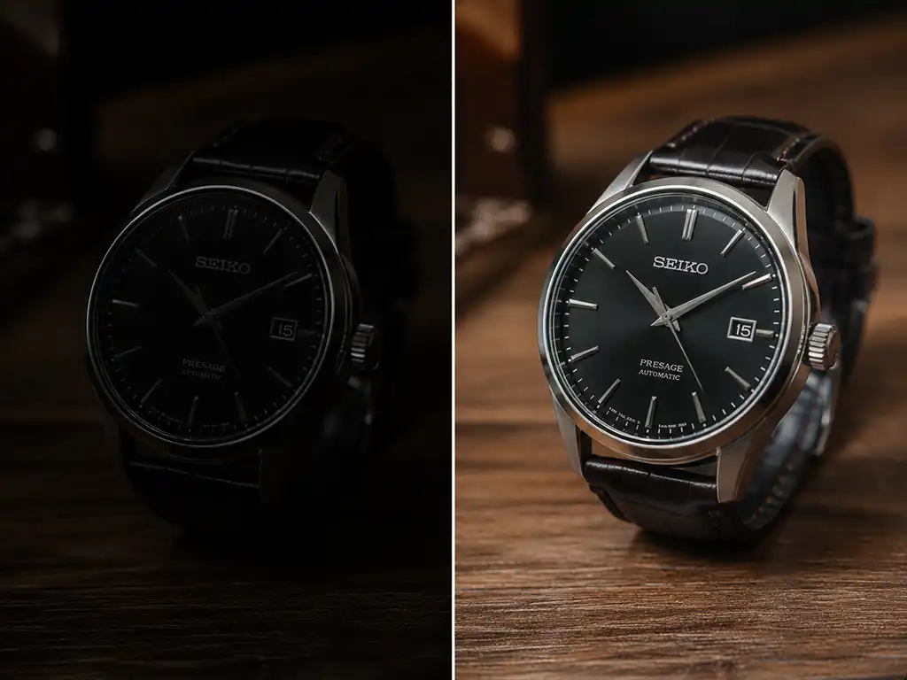 Before and after exposure correction recovering shadow detail from an underexposed photo into a balanced tonal range.