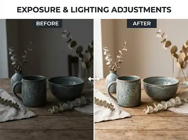 How to Retouch Product Photos for eCommerce Like a Professional — A Real-World Guide 5 Professional eCommerce product photo retouching: Exposure and lighting adjustments on a cup and bowl, before and after.