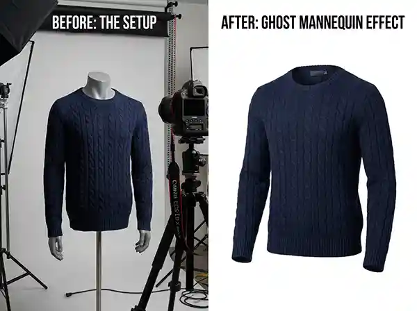 How to Create the Ghost Mannequin Effect for Ecommerce Clothing (Complete Guide) 2 Invisible Ghost Mannequin Before and After image showing professional apparel photo editing for ecommerce product photography.