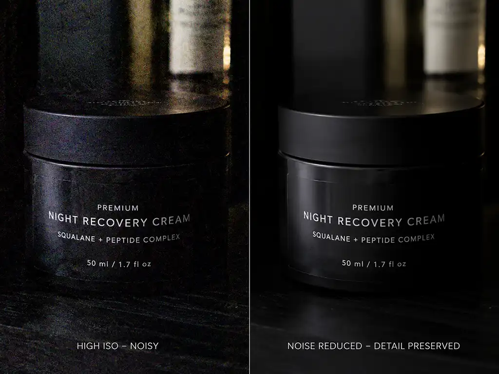 Before and after noise reduction removing digital grain from a low-light photo while keeping fine detail sharp.