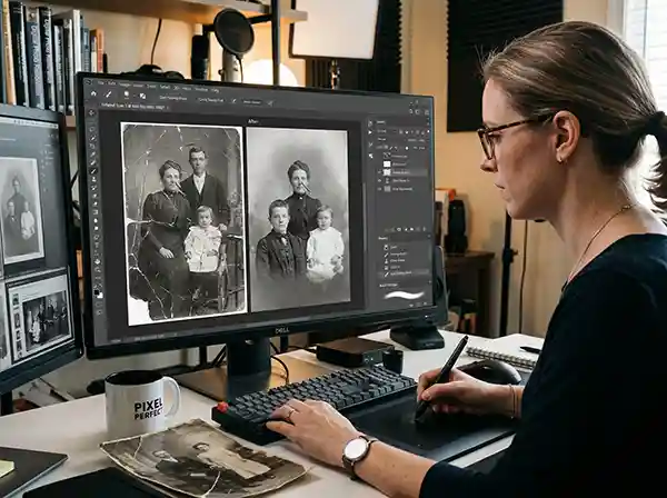 Restore Old Photos: The Complete DIY and Professional Guide 3 Professional photo editor restoring a damaged vintage photograph in Photoshop using healing brush and clone stamp tools