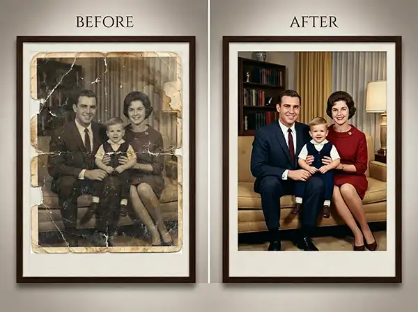 Restore Old Photos: The Complete DIY and Professional Guide 6 Before and after restore old photos service showing damaged print transformed to clear digital image