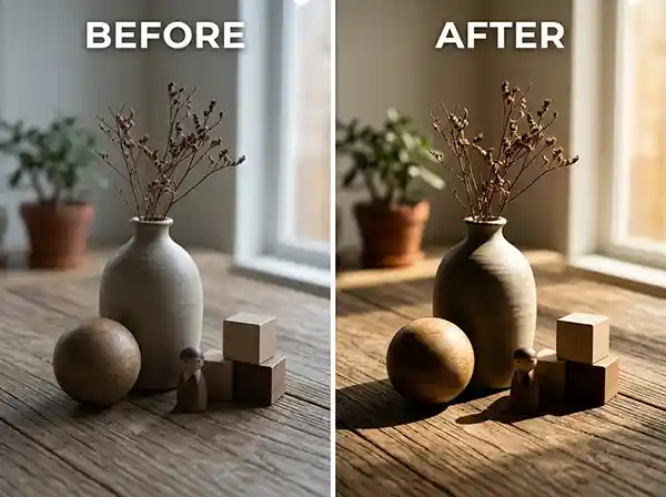 How to Retouch Product Photos for eCommerce Like a Professional — A Real-World Guide 7 Before and after product photo editing showing custom shadow creation and depth enhancement, creating a more realistic, professional, and visually appealing eCommerce product image.