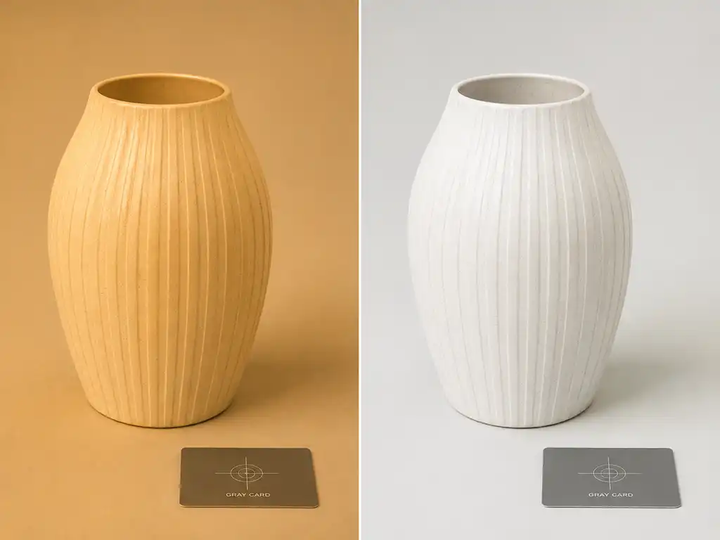 Before and after white balance adjustment showing an orange color cast removed and neutral white tones restored.