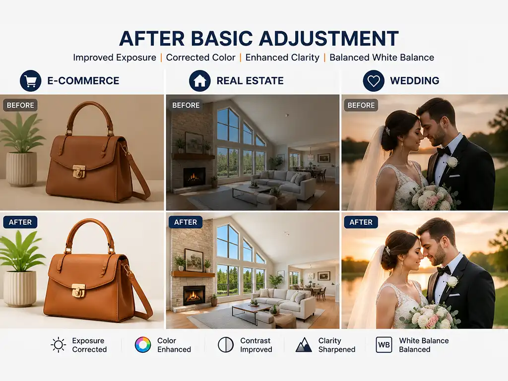 Basic Image Adjustments 10 Collage showing basic image adjustment services applied across ecommerce, real estate, and wedding photography