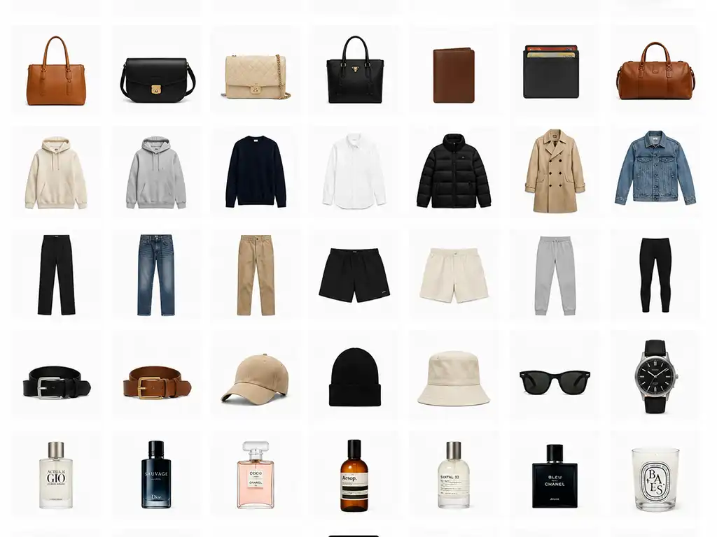 Catalog grid of ecommerce products with consistent color correction applied across every image after outsourcing.