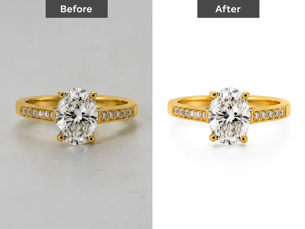 How to Choose a Reliable Vendor for Bulk Product Image Editing 1 Before and after example of bulk product image editing for jewelry photo