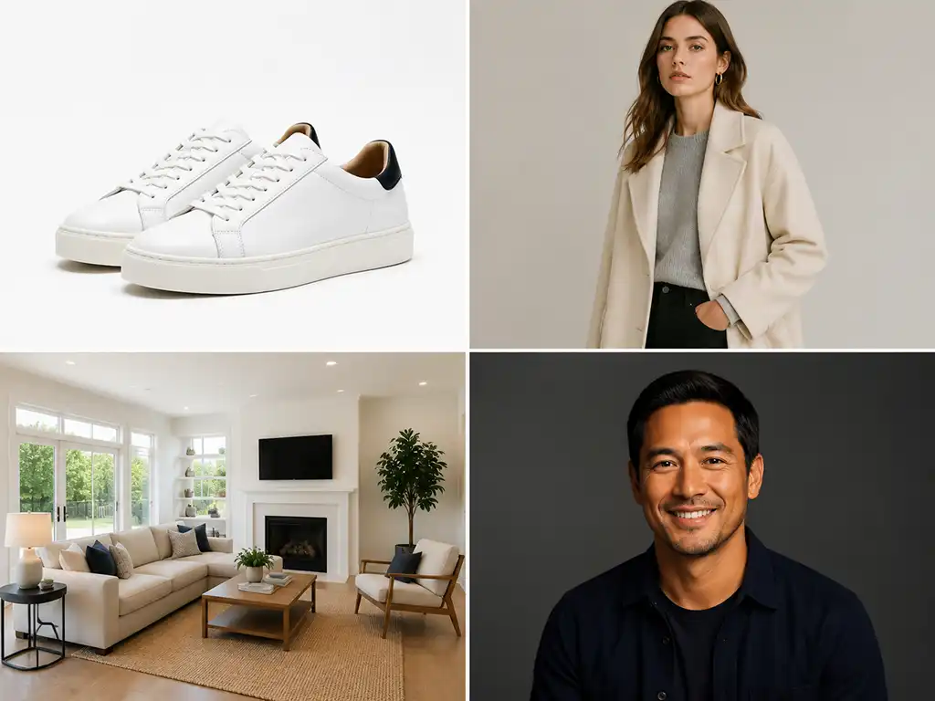 Color correction examples across industries including ecommerce product photography, fashion, and real estate interiors.