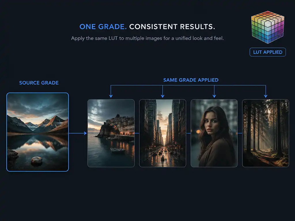 A custom LUT applied across multiple images, showing one consistent color grade reused across a set.