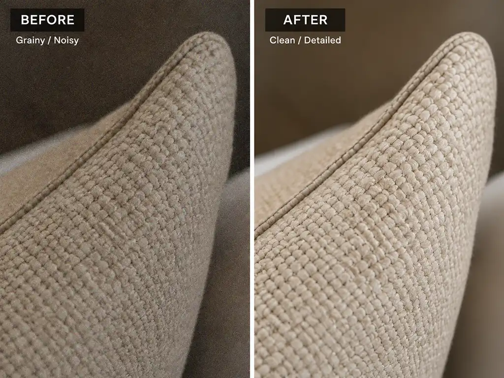 Basic Image Adjustments 9 Close-up before and after of noise reduction removing grain from a low-light photo