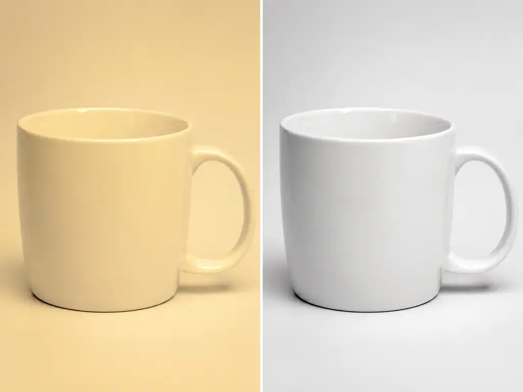 Before and after comparison of a photo color correction service showing a corrected product image with balanced color and true white tones.