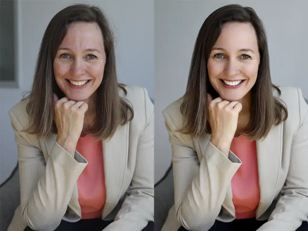 Photo Retouching Services 1 Before and after of professional photo retouching services showing natural skin smoothing