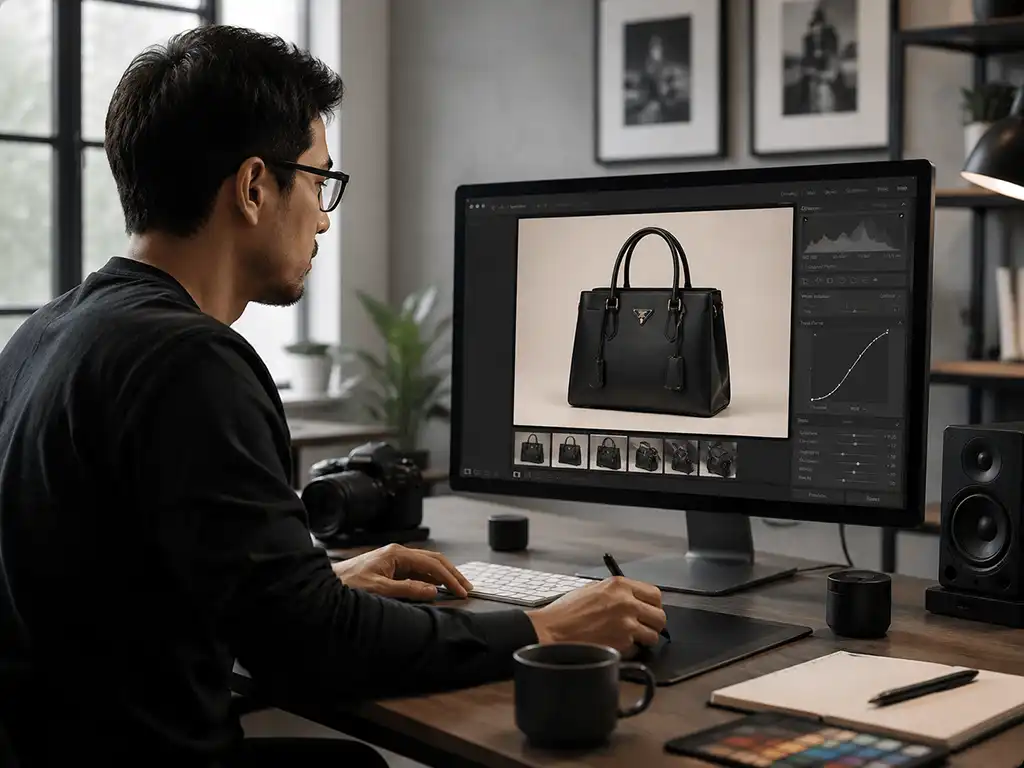 Professional photo editor manually performing color correction on a calibrated monitor at Clarity Edit.
