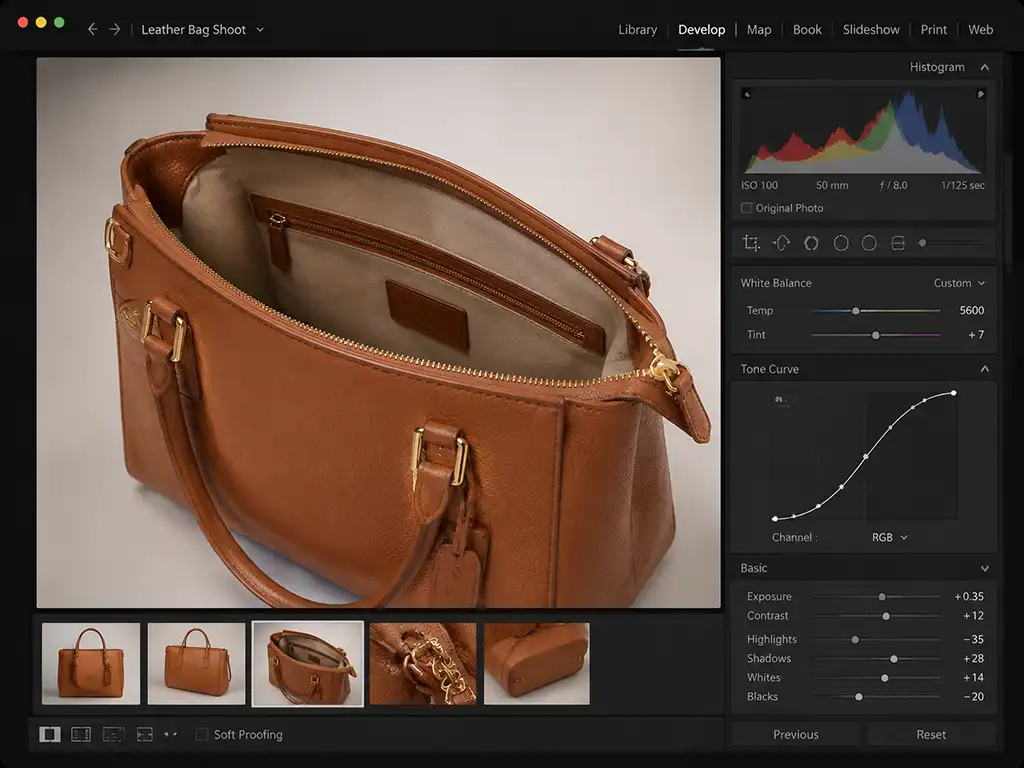 Editing software displaying color correction tools including white balance sliders, tone curves, and a histogram during image color correction.
