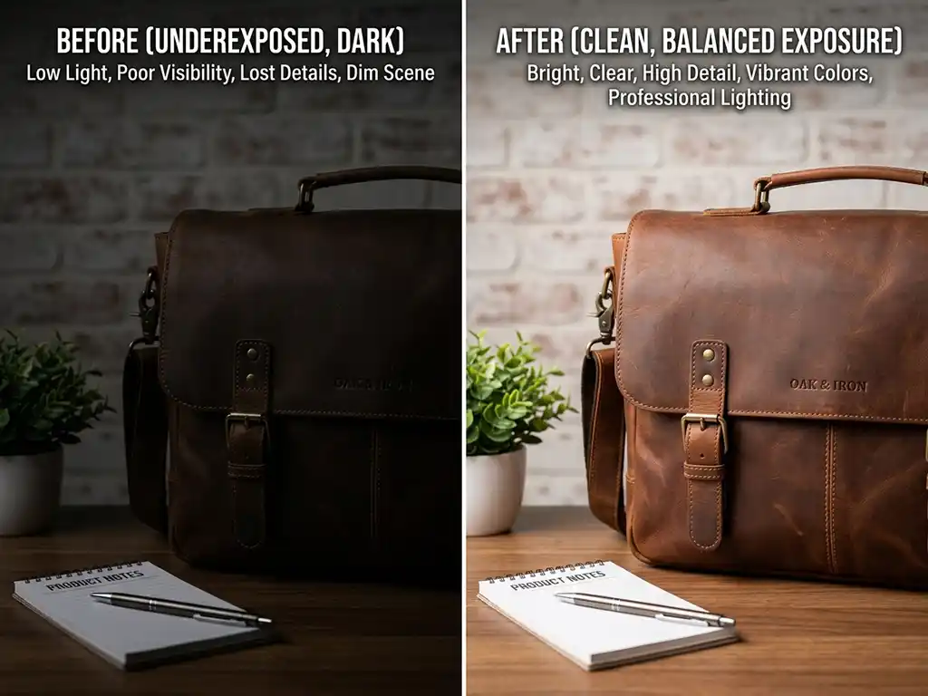 Exposure Adjustment 1 Before and after hero image showing Clarity Edit's professional exposure adjustment service correcting a dark underexposed product photo