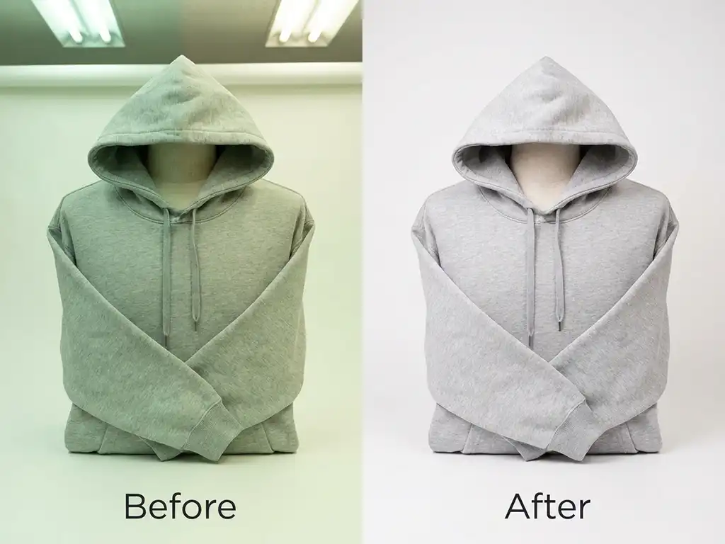 White Balance Correction 6 Fluorescent light white balance correction fixing a green color cast on an apparel product photo