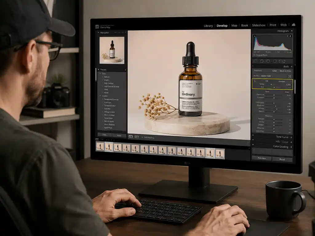 White Balance Correction 3 Photo editor manually correcting white balance in Lightroom for professional photo editing service
