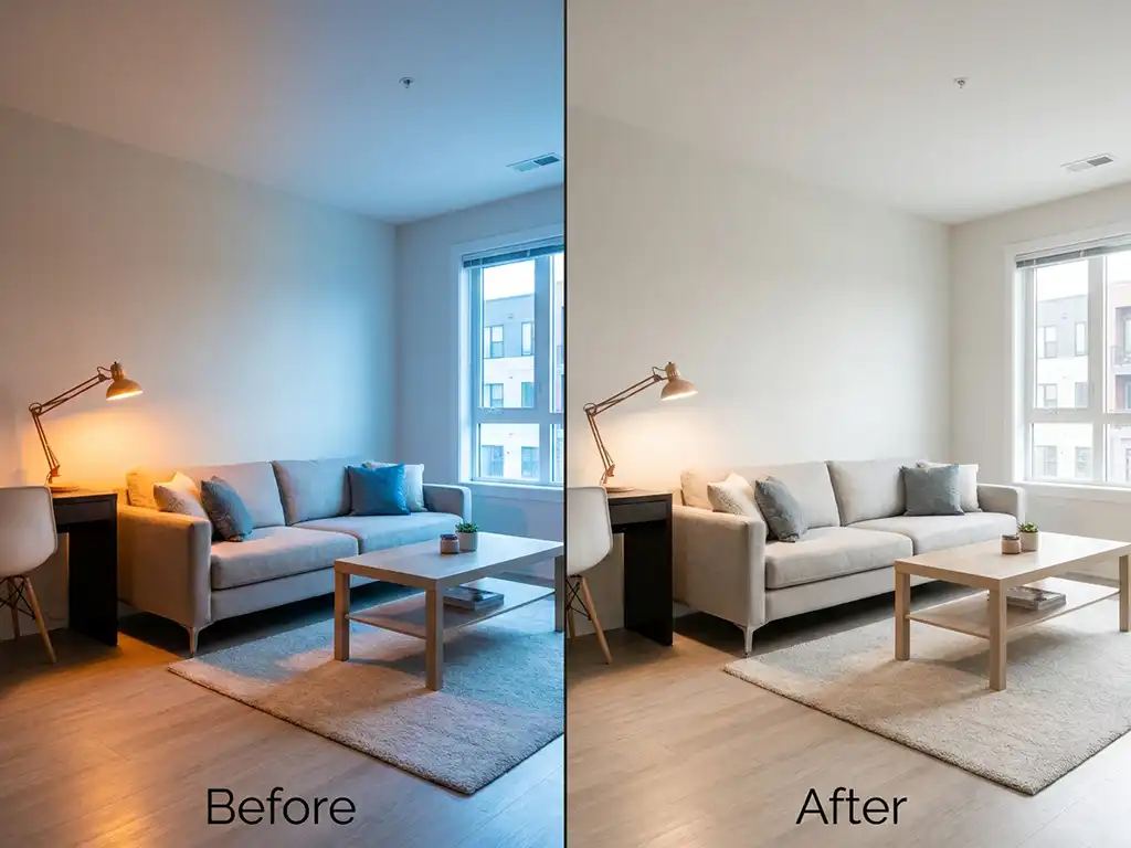 White Balance Correction 7 Mixed lighting white balance correction on a real estate interior with daylight and tungsten sources