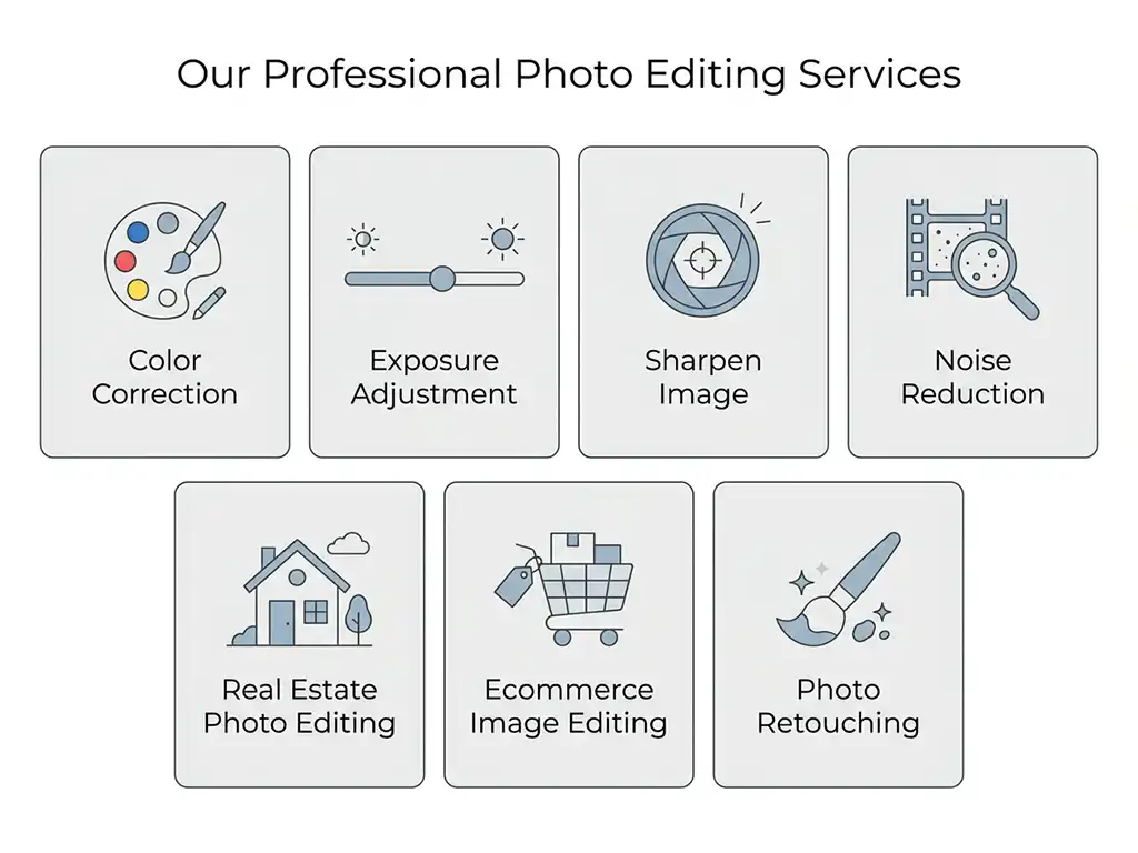 White Balance Correction 10 Related photo editing services to white balance correction — color correction, exposure adjustment, noise reduction, sharpening, real estate and ecommerce photo editing