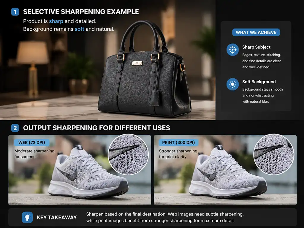 Sharpen Image 7 Two-panel image showing selective product sharpening and output sharpening for web and print formats applied by Clarity Edit