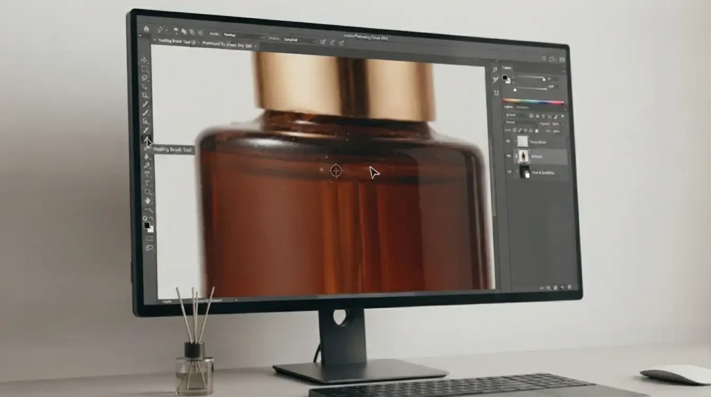 Using healing brush tool in Photoshop to remove dust and imperfections from product