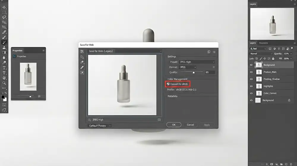Exporting product image in Photoshop with sRGB color profile and JPEG settings