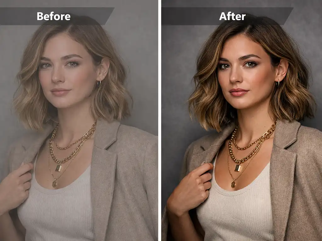 Exposure Adjustment 6 Before and after of tone curve adjustment adding contrast and midtone depth to a flat fashion portrait