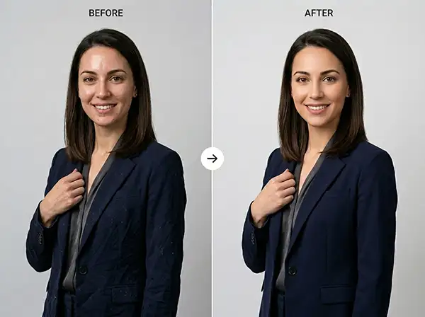 Portrait Photo Retouching: Complete Guide for Natural Results 5 Before and after professional portrait retouching with cleaner background, refined skin, and balanced lighting.