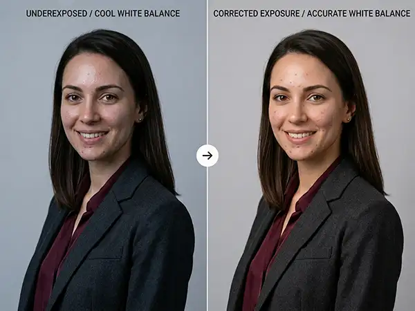 Portrait Photo Retouching: Complete Guide for Natural Results 2 Before and after portrait showing natural exposure and white balance correction for a professional headshot.