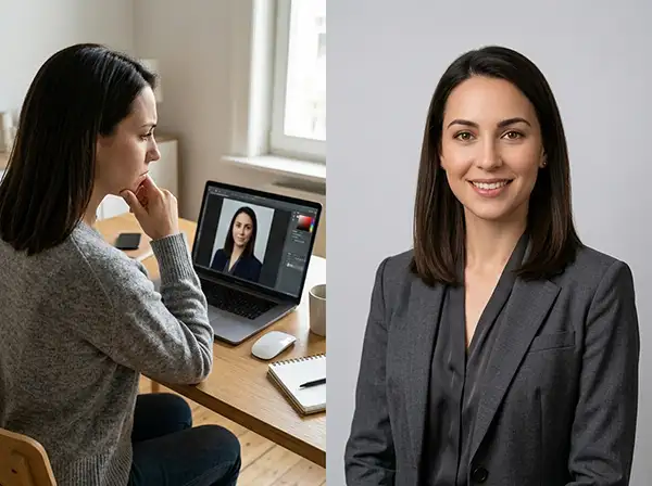Portrait Photo Retouching: Complete Guide for Natural Results 8 Designer reviewing a professional headshot before and after editing for a polished, studio-quality portrait.