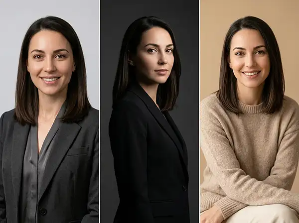 Portrait Photo Retouching: Complete Guide for Natural Results 7 Portrait photo retouching examples showing the same person in professional, dramatic, and lifestyle portrait styles.