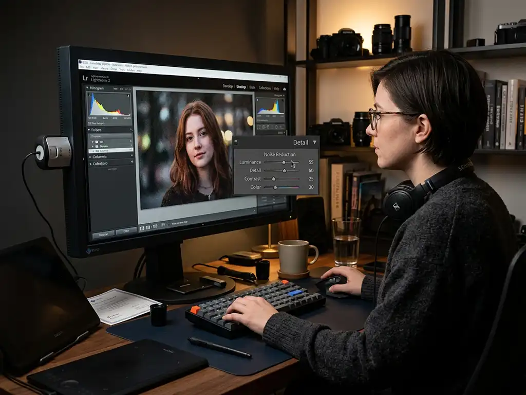 Noise Reduction 3 Editor at a calibrated monitor reducing noise from portrait photo in Lightroom