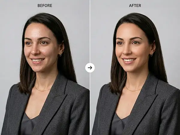 Portrait Photo Retouching: Complete Guide for Natural Results 4 Before and after portrait retouching with smoother skin, brighter smile, and natural facial enhancement.