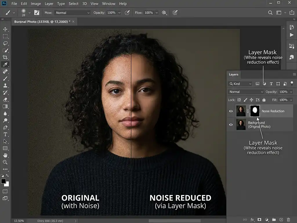 Noise Reduction 7 Layer-Based Noise Reduction applied using photoshop masks — stronger correction in background, lighter in subject